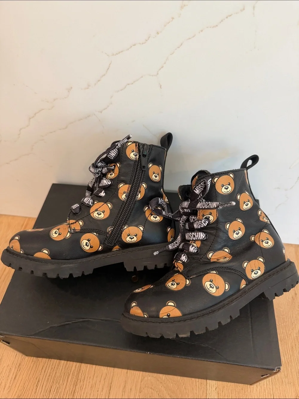 Moschino Black Teddy Face Lace-Up Boots